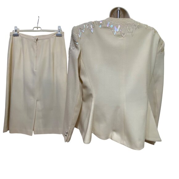 Vintage Nolan Miller 3-Piece Cream Skirt Suit Set Beaded Jacket Size 14 Eighties - Picture 5 of 10